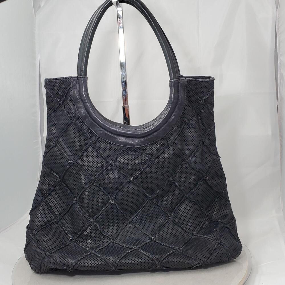 Anthropologie Illona LAttice Dark Blue Patchwork Leather Slouchy Tote Bag Hobo